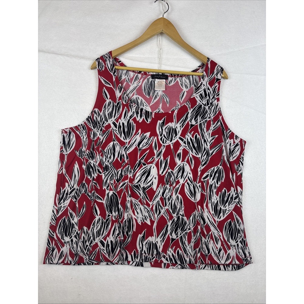 Slinky Brand Sleeveless Top Size Petite XL Red With Black And White Floral